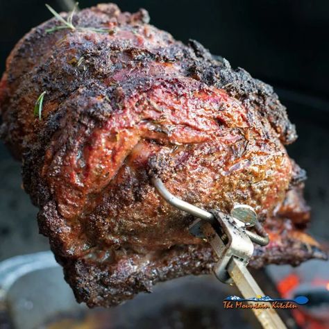 Rotisserie Prime Rib {Step-By-Step Guide - The Mountain Kitchen Rotisserie Prime Rib, Prime Rib Rotisserie, Bbq Spit, Bbq Rotisserie, Prime Rib Roast Recipe, Mountain Kitchen, Ribeye Roast, Cooking Prime Rib, Rib Roast Recipe