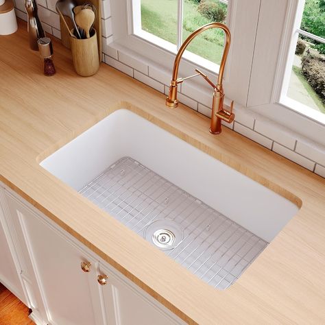 White Fireclay Undermount Kitchen Sink, DeerValley Single Bowl Kitchen Sink Accessories Workstation Sink with Sink Grid and Basket Strainer (Deep White, 32" x 20") - Amazon.com Kitchen Sink Workstation, Deep Sink Kitchen, Sink Workstation, Under Mount Kitchen Sink, Workstation Sink, White Kitchen Sink, Kitchen Sink Stainless Steel, Sink Grid, Kitchen Sink Accessories