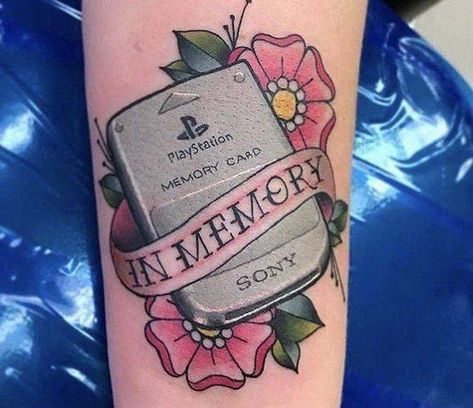 Playstation Tattoo, 90s Tattoos, Gamer Tattoos, Gaming Tattoo, Tatuaje A Color, Memorial Tattoo, Card Tattoo, Memorial Tattoos, Crash Bandicoot