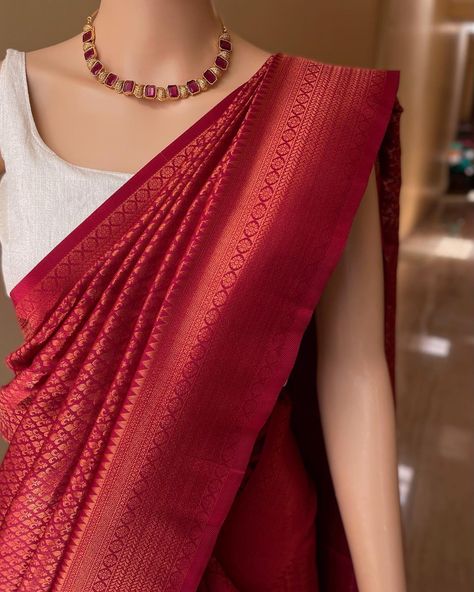 Www.Thejacouture.in > silk sarees > Maroon Art silk brocade saree. . Maroon Art silk brocade saree with copper zari design all over saree. Comes with blouse piece. Saree height: 48 inches. Saree length: 5.5 meters. Blouse: 80cm . Priced: 1950/- INR Dry clean. . Jewellery collaboration: Neckpiece: @kichu_collection . #love #sareelove #india #sareeinspiration #fashion #sareelove😍 #indianwear #traditional #sareeday #indianwedding #sareestyle #instagood #sareecollection #sareelovers #sareed... Neckpiece For Saree, Ethnic Wears, Indian Wedding Gowns, Brocade Saree, Simple Saree Designs, Dresses Traditional, Simple Sarees, Saree Designs Party Wear, Blouse Designs Silk