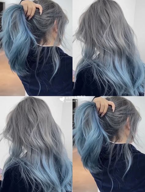 Blue And Grey Hair Color, Steel Blue Hair Color, Subtle Hair Color For Black Hair, Ashy Blue Hair, Brown And Blue Hair, Blue Hair Balayage, Ash Blue Hair, Hair Stages, Blue Grey Hair