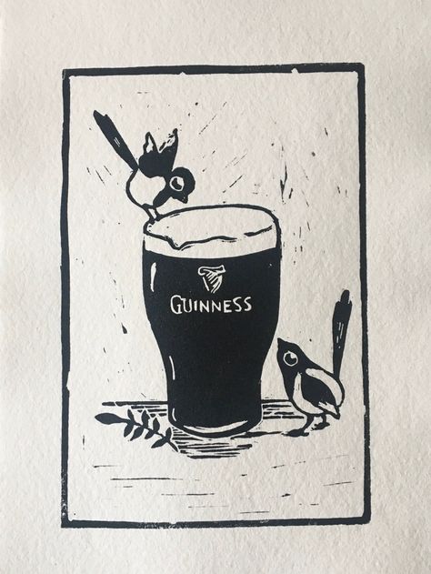 "Handprinted original linocut relief print, limited edition of 150. This print has been handcrafted by carving my design into a lino plate, then using oil based relief print ink I have printed it by hand onto handmade khadi cotton rag paper (150gsm) with a deckled edge. The print features a pint of Guinness and two magpies. Two magpies signify \"Two for Joy\", the reason you'll always see an Irish person salute a lone magpie! This print would make a lovely gift for a Guinness or magpie lover. Each print will vary slightly in size and finish as it is handmade. I use recycled materials wherever possible so excuse the backings, which are to protect the print from bending in transit. Sold unframed but is roughly A5 if you are looking for a frame to fit it. Items will be posted using An Post" Wood Cut Printmaking, Cool Lino Prints, Guinness Tattoo, Linocut Prints Ideas Simple, Guinness Art, Simple Linocut, Two Magpies, Pint Of Guinness, Linocut Design