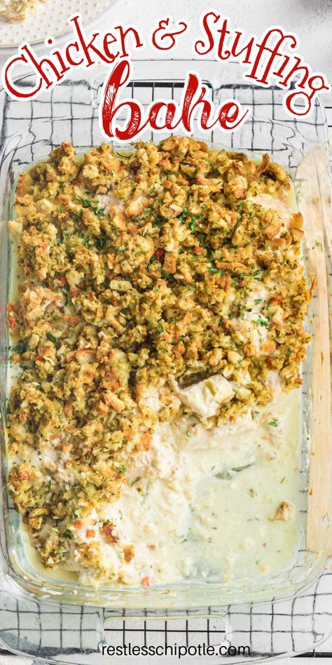 Chicken Bake Stuffing, Chicken Stuffing Bake Recipes, Chicken Stuffing Gravy Casserole, Chicken Gravy Casserole, Easy Chicken Casserole Recipes Stuffing, Stuffing Topped Chicken, Dump And Bake Chicken Stuffing Casserole, Chicken Topped With Stuffing, Stuffing Baked Chicken