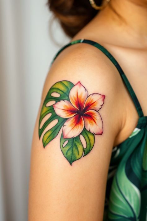 Hibiscus And Monstera Tattoo, Hibiscus And Plumeria Tattoo, Hawaii Tattoo Ideas, Hawaiian Flower Tattoo, Monstera Tattoo, Hawaiian Flower Tattoos, Hawaiian Tattoos, Hawaii Tattoos, Hibiscus Tattoo