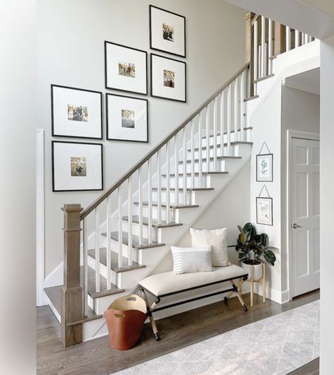 Entryway Stair Wall Decor, Hanging Pictures Along Staircase, Large Photos On Staircase Wall, Stair Wall In Living Room, Square Photos Up Staircase, Decor On Staircase Wall, Stairway Canvas Gallery Wall, Stairs Wall Picture Ideas, Wall On Stairs Ideas