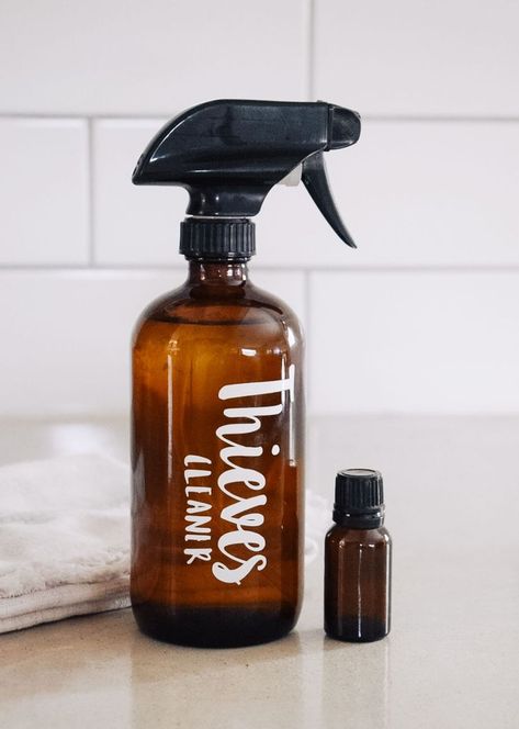 Looking for natural cleaning products that are actually good for you? Want to know how to make thieves cleaner with thieves oil? Try this DIY thieves cleaner recipe. It works just as well as Young Living's but it's a fraction of the price. You'll love this DIY thieves spray! It is the best homemade thieves cleaner. #NaturalLiving #EssentialOils Diy Thieves Cleaner, Thieves Household Cleaner Recipe, Thieves Cleaner Recipe, Diy Thieves, Floor Cleaner Recipes, Diy Glass Cleaner, Cabinet Cleaner, Homemade All Purpose Cleaner, Thieves Spray