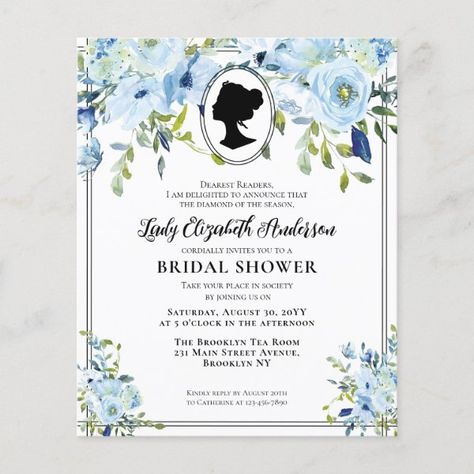 Budget Dusty Blue Floral Regency Era Bridal Shower Tea Bridal Shower Invitations, Party Stationery, Bridal Shower Tea, Blue Florals, Regency Era, Woman Silhouette, Bridal Shower Theme, Free Birthday Invitations, Free Birthday Invitation Templates