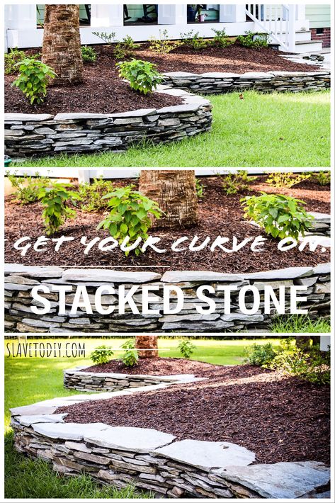 Stacking Stones Landscaping, Flagstone Garden Ideas, Fieldstone Landscaping, Stacked Rocks Landscaping, Stacked Flagstone Landscaping, Stone Yard Landscaping, Stacked Stone Landscaping Front Yards, Landscaping Stones Ideas, Landscaping With Stones Edging