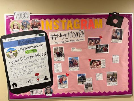 Ra Introduction Bulletin Board, Meet The Ra Bulletin Board, Meet Your Ra Board, Ra Get To Know Me Board, Ra About Me Board, Meet Your Ra Bulletin Board, Meet Your Ra, Instagram Bulletin Board, College Bulletin Boards