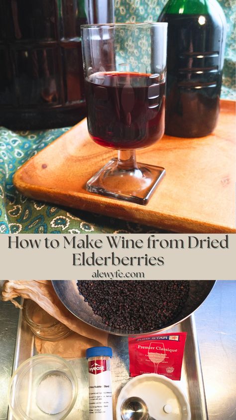 Dried elderberry wine is a fantastic beginner-friendly wine recipe to brew at home.   It’s well-suited to small-batch brewing (like this one gallon batch), or can be easily scaled up to larger batches.   The ingredients for this country wine are simple and easy to acquire, and the wine can be made in any season, since the fruits are dried.   #homebrew #wine #homesteading Dried Elderberry Recipes, Dried Elderberries, How To Make Wine, Elderberry Wine, Homemade Elderberry, Elderberry Recipes, Wine Yeast, Making Wine, Brewing Recipes