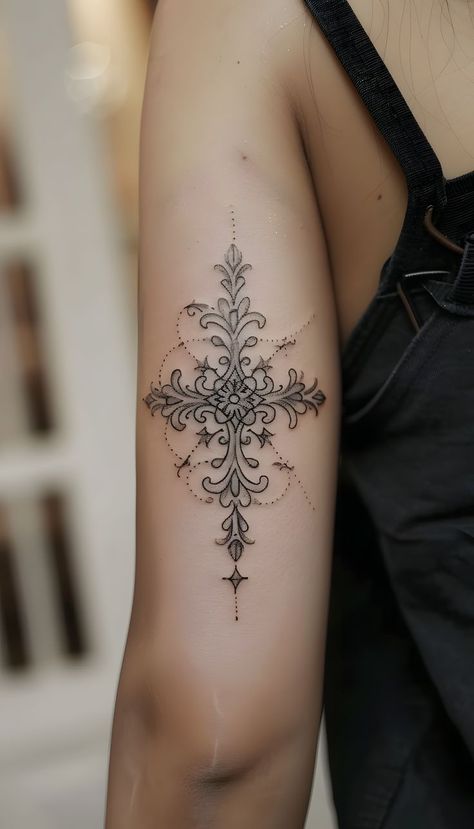 A cross tattoo with symmetrical patterns and fine detailing, creating an elegant and artistic design. Ideal for women looking for something intricate on their arm. Mandela Tattoo Designs For Women, Tattoo Ideas For Women Arm, Cross Tattoo Ideas, Mandela Tattoo, 2024 Tattoo, Balance Design, Tattoo Ideas For Women, Dragonfly Tattoo, Cross Tattoo