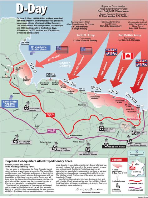 Map of the Battle of Normandy: This map shows the routes that the 160,000 Allied soldiers took and which division each Allied country sent to fight. It also shows the areas on the coast of France these troops fought at on D-Day. Perang Dunia Ii, D Day Normandy, Battle Of Normandy, Operation Overlord, Normandy Landings, Military Tactics, D Day Landings, Historia Universal, College Board