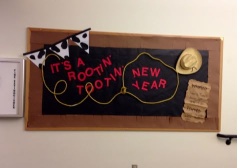 Rootin' Tootin' New Year bulletin board #western Cowboy Theme Bulletin Board Ideas, Western Bulletin Board Ideas Cowboy Theme Back To School, Western Classroom Theme Bulletin Boards, Wild West Bulletin Board Ideas, Western Themed Bulletin Boards, Western Theme Bulletin Board Ideas, Cowboy Bulletin Board Ideas, Wild West Classroom Theme, Cowboy Classroom Theme