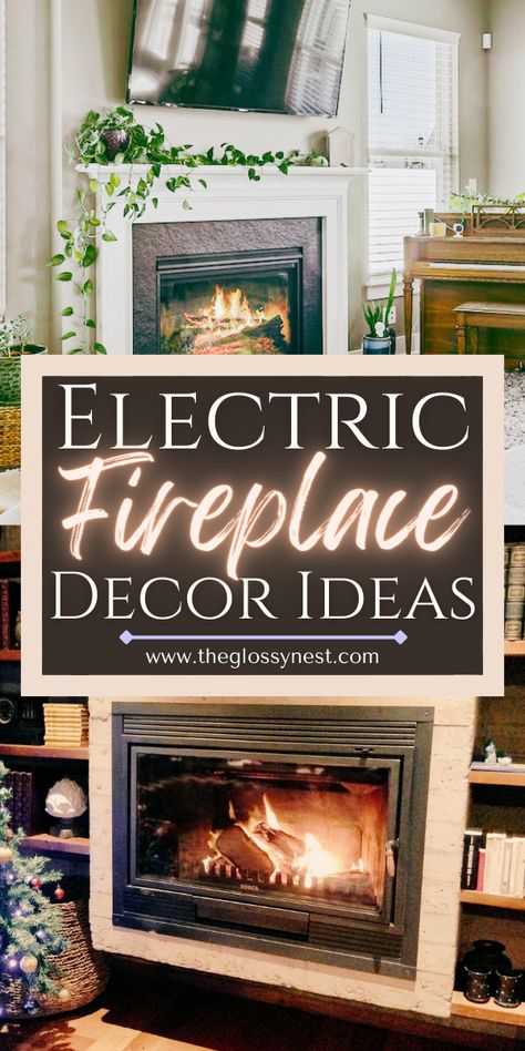 electric fireplace inserts for basement, living room with plants Rustic Electric Fireplace Mantels, Electric Fireplace Ideas Apartment, Decorating Fireplace Mantel With Tv, Diy Built In Fireplace Electric, Fireplace Ideas Farmhouse, Faux Fireplace Ideas, Boho Electric, Electric Fireplace Ideas, Small Electric Fireplace