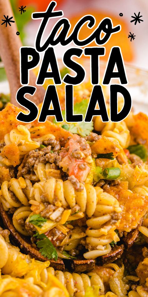 taco pasta salad being scooped Easy Taco Salad Recipe, Taco Pasta Salad, Taco Salad Recipe, Taco Toppings, Cold Pasta Salad Recipes, Summer Eats, Taco Salad Recipes, Easy Pasta Salad Recipe, Taco Pasta