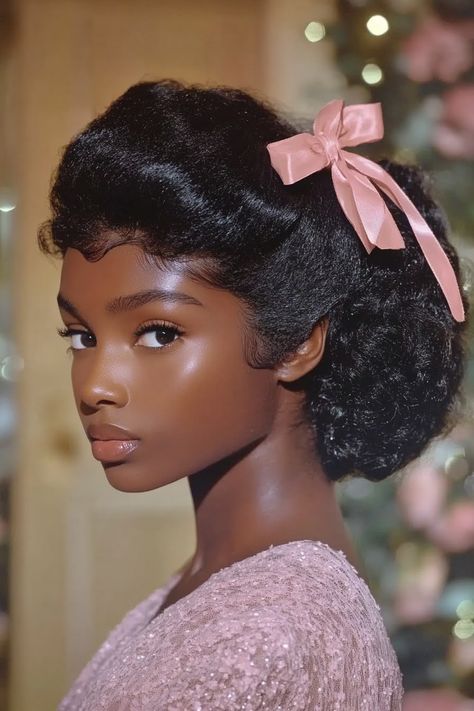 Big Eyes Black Women, Bonnet Black Women, Black Woman Glow Up, Timeless Beauty Aesthetic, How To Look Like A Doll, Vintage Hairstyles Black Women, Women With Big Eyes, Dark Feminine Makeup Black Women, Hairbows Hairstyle