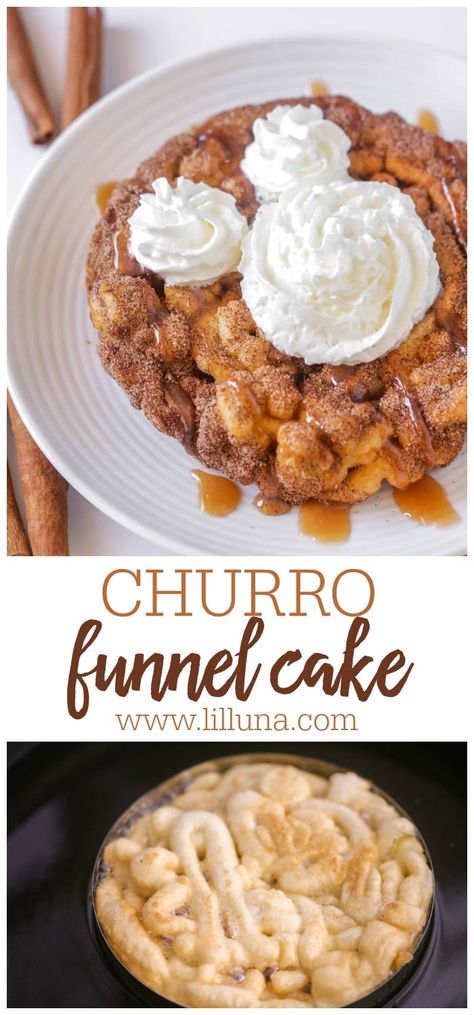 Churro Funnel Cake from Disneyland made from deep fried funnel cake, coated in cinnamon sugar, drizzled with caramel sauce, and topped with whipped cream. #churro #funnelcake #cinnamon #disneyrecipe #copycatrecipe Funnel Cake Bar Ideas, Funnel Cake Flavors, Funnel Cake Flavor Ideas, Funnel Cake Toppings, Red Velvet Funnel Cake Recipe, Loaded Funnel Cake, Funnel Cake Business, Funnel Cake Dessert Ideas, Fried Desserts