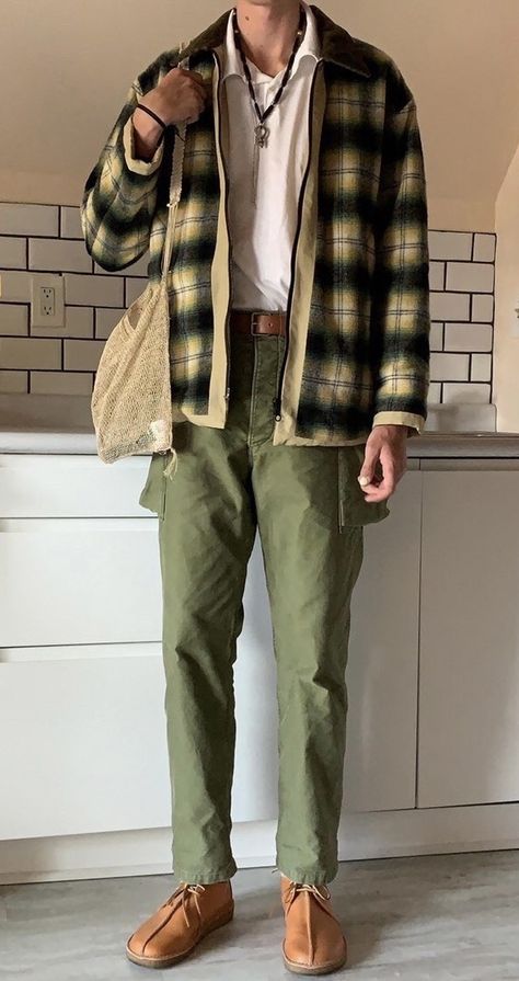 Comfy Core Outfits Men, Art Student Aesthetic Outfit Men, Earth Tone Flannel, Casual Male Outfits Aesthetic, Hobbit Outfit Aesthetic Male, Folklore Aesthetic Outfits Men, Cottage Core Aesthetic Outfit Men, Cottage Core Guy Outfits, Folk Aesthetic Outfit Men