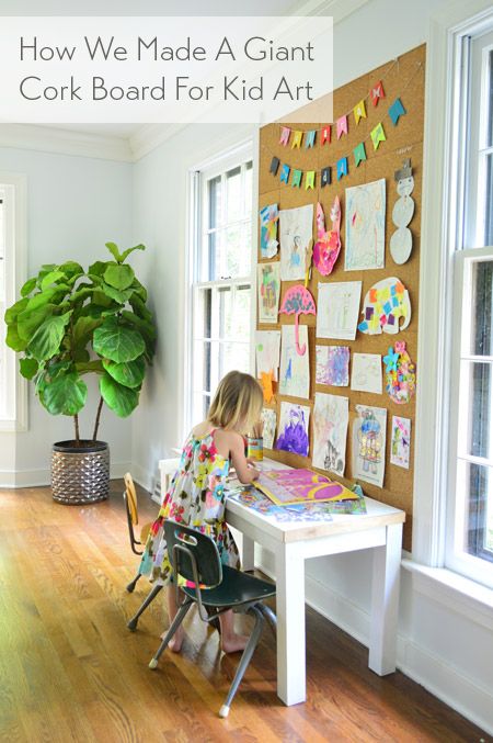 Young House Love | How To Make A Giant Cork Board Wall For Kid Art | http://www.younghouselove.com Giant Cork Board, Diy Cork Board Wall, Bureau D'art, Cork Board Wall, Diy Cork Board, Kids Craft Room, Art Display Kids, Cork Tiles, Cork Wall