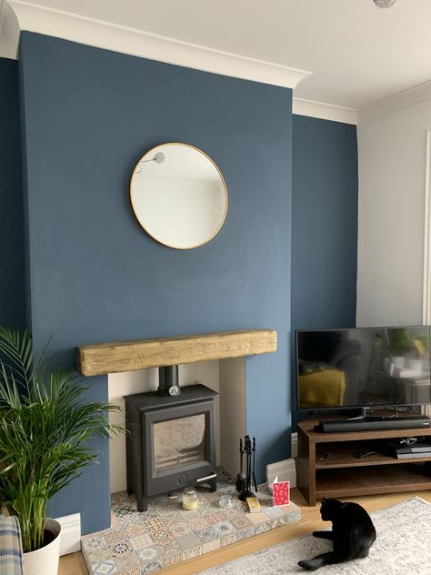 Feature Wall Colors Living Room, Colour Feature Wall Living Room, Fireplace With Feature Wall, Log Burner Feature Wall Living Rooms, Blue Wall Fireplace, Living Room Blue Feature Wall, Blue Feature Wall Dining Room, Lounge Room Wall Colours, Painted Feature Wall Living Room