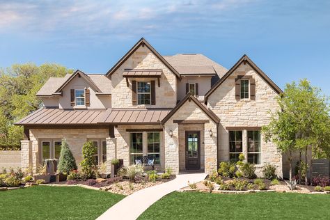 The perfect color scheme. Light stone and stucco, brown trim and shutters. Brown roof. Brown Brick House Exterior, Texas Country Homes, Stucco And Stone Exterior, Outside House Decor, Brown Brick Houses, Cottage Core Bloxburg House, Austin Stone, Coventry Homes, Tennessee House