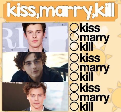 kiss, marry, kill How To Play Kiss Marry Kill Game, Kiss Mary Kill Game, Kiss Marry Kill Ideas, Kiss Marry Kill Celebrities, Kiss Marry Kill Game, Kiss Marry Kill, Skittles Game, Teen Sleepover Ideas, Teen Sleepover