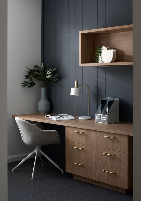 Navy Panelling Office, Dark Study Table, Dark Blue Study Room, Dark Grey Office Ideas, Black Bureau Bedroom, Dark Playroom, Study Nook In Living Room, Office With Boack Wood Desk, Grey Feature Wall