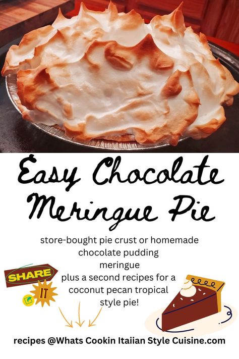 Easy Chocolate Meringue Pie, Chocolate Pie With Meringue Topping, Easy Meringue Recipe For Pie, Chocolate Pie With Meringue, Chocolate Meringue Pie Recipe, Chocolate Pie Filling, Chocolate Meringue Pie, Chocolate Pie With Pudding, Homemade Chocolate Pudding