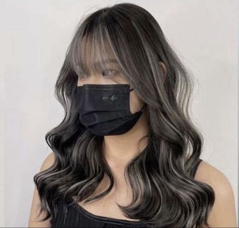 Korean Black Hair With Highlights, Ash Brown Hair Grey Highlights, Slate Hair Color Grey, Mushroom Brown Peekaboo Highlights, Dark Hair Color Ideas With Highlights Low Lights, High Contrast Hair Color Dark, Micro Highlights On Black Hair, Ash Blue Highlights, Milk Tea Highlights On Black Hair