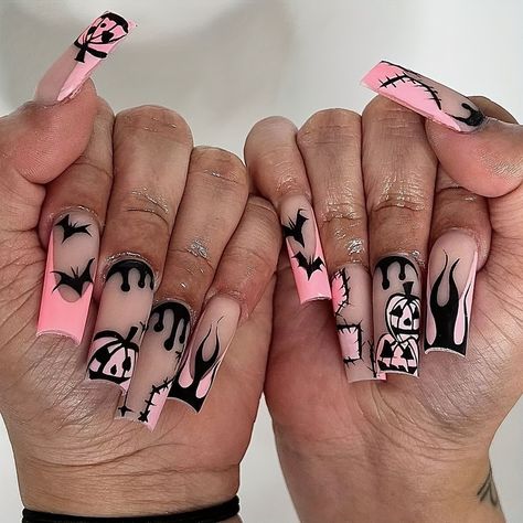 Faster shipping. Better service,nails for hoco Pink And Black Spooky Nails, China Nails, Halloween Press On Nails, Anime Nails, Nagel Tips, Style Français, Long Acrylic, Nail Forms, Halloween Inspo