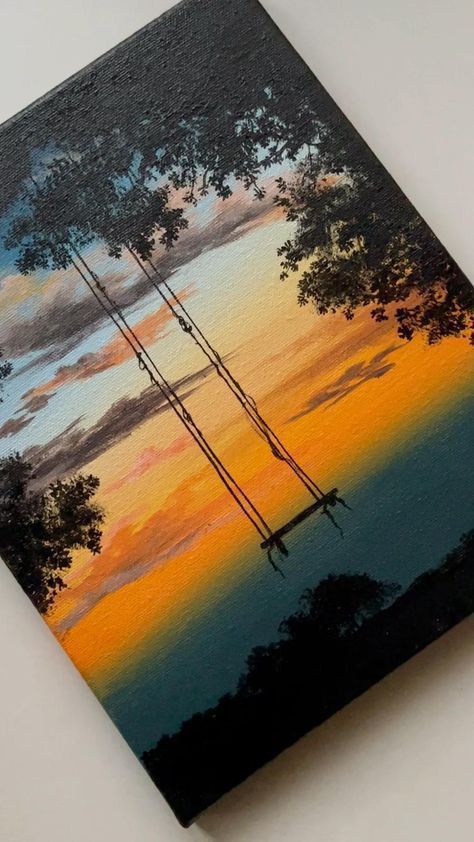 Beautiful Scenery Nature Painting, Sunset Small Canvas, Painting Scenery Landscapes, Oil Painting Landscape Realistic, Pretty Paintings Easy, Painting Trees Acrylic, Painting Ideas Scenery, Cinematic Painting, Easy Scenery Painting