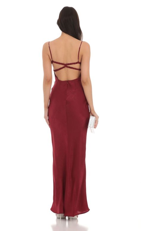 Satin Open Back Maxi Dress in Red | LUCY IN THE SKY Merlot Dress Outfit, Dark Red Maxi Dress, Dark Red Prom Dress, Merlot Dress, 90s Fashion Show, Maroon Bridesmaid Dresses, Anniversary Dress, Red Silk Dress, Open Back Maxi Dress