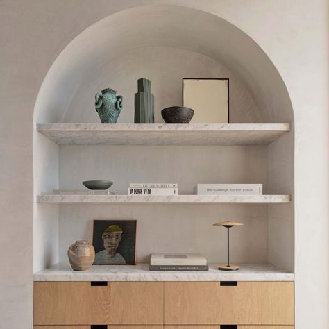 Melika Ghobadvand | Interior Designer (@melvanddesign) • Instagram photos and videos Living Room Marble, Floating Shelves Living Room, Oak Floating Shelves, Marble Shelf, Minimal Shelf, Arch Architecture, Built In Cabinet, Built In Cabinets, Shelf Styling