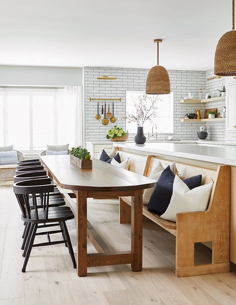 Get A Designer's Tips For Achieving Modern Farmhouse Style - House & Home Seating In Kitchen, Candice Brown, Dining Area Design, Banquette Seating In Kitchen, Kitchen 2024, Dining Banquette, Kitchen Banquette, Floor Renovation, Mediterranean Style Home