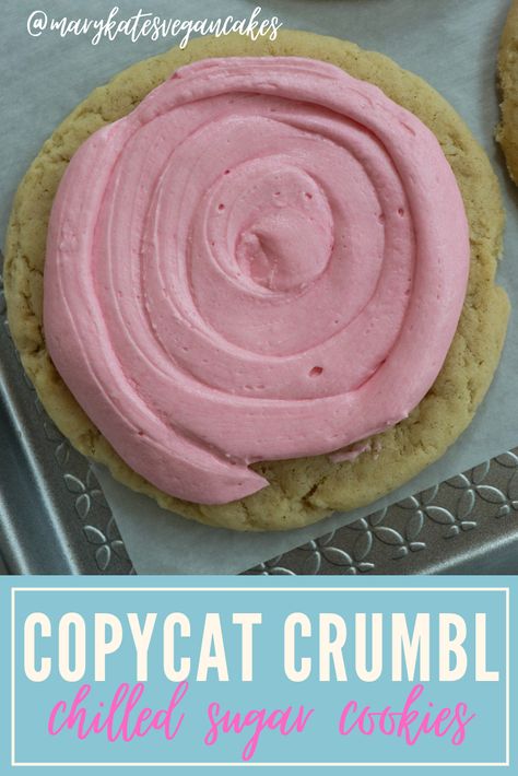 These copycat crumbl chilled sugar cookies are topped with the most delicious almond frosting! #vegan #veganrecipe #veganrecipeseasy #vegandessert #vegandessertrecipes #marykatesvegancakes Dairy Free Crumbl Cookie, Vegan Crumbl Cookies, Vegan Crumble Cookies, Crumbl Sugar Cookies, Sugar Cookies Vegan, Funfetti Recipes, Vegan Copycat, Cooked Frosting, Vegan Crumble