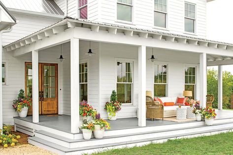 These beauts are going to make you want to sit and stay a while. Farmhouse Front Porch Decorating, Veranda Design, Farmhouse Porch Decor, Porch Kits, Porch Design Ideas, Trendy Farmhouse, Balkon Decor, Building A Porch, Farmhouse Outdoor