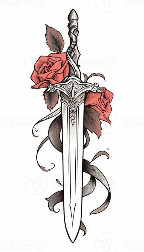 a drawing of a dagger with a rose on it. generative ai. Dagger Drawing, Vector Cityscape, Tattoo Portfolio, A Drawing, A Rose, Book Covers, Cityscape, Vector Free, Arts And Crafts