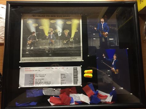 Concert memory shadow box: I put together a shadow box to commemorate my attendance to a Paul McCartney show. I included my ticket, a newspaper clipping from the following morning, the earplugs I purchased at the show, some photographs of the night from a local publication, and a handful of confetti which fell at the end of the concert. It goes on my wall under my signed Willie Nelson ticket. :) Concert Memories Ideas, Concert Shadow Box Ideas Kpop, Concert Confetti Display Ideas, Concert Memory Ideas, Concert Memorabilia Display, Concert Shadow Box Ideas, Concert Ticket Display, Memory Shadow Box, Concert Wall