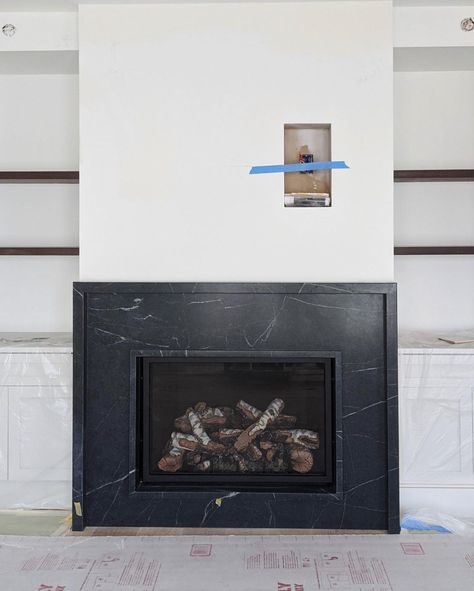 Katie Monkhouse Interiors (@katiemonkhouseinteriors) • Instagram photos and videos Fireplace With Black Accents, Dark Marble Fireplace Surround, Black Soapstone Fireplace, Dark Marble Fireplace, Soapstone Fireplace Surround, Black Stone Fireplace, Soapstone Fireplace, Black Marble Fireplace, Slate Fireplace Surround