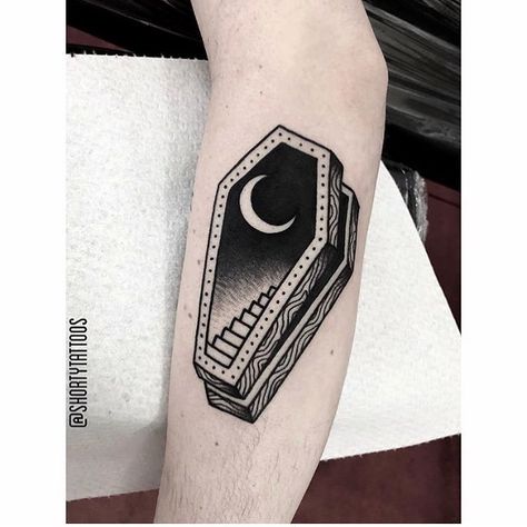 Coffin staircase tattoo on the forearm Staircase Tattoo, Coffin Tattoo, Purple Tattoos, Valparaiso Indiana, Tattoo Spots, Girls Tattoo, Creepy Tattoos, Floral Tattoo Design, B Tattoo