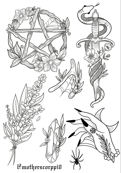 Pentacle Tattoo, Elements Tattoo, Witch Tattoo, Floral Cottage, Muster Tattoos, Spooky Tattoos, Goblin Core, Pentacles, Tattoo Portfolio