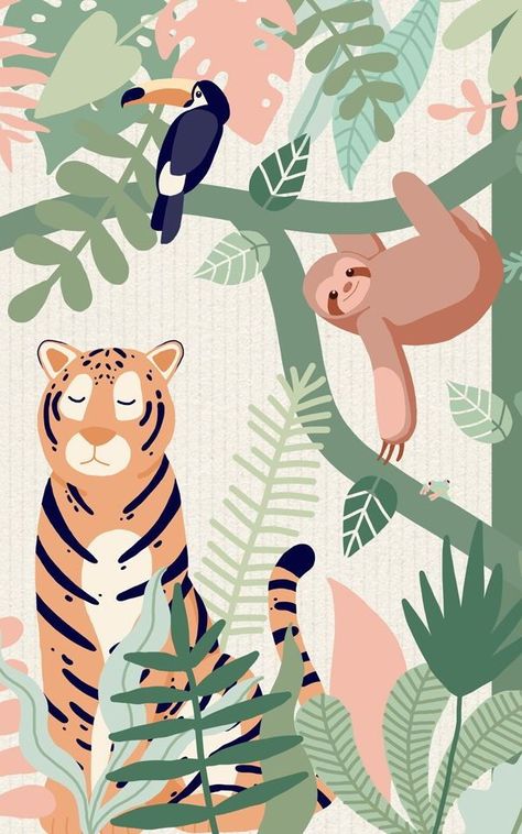 Kids Animal Plates, Kindergarten Wallpaper, Jungle Mural, Jungle Illustration, Jungle Pattern, Murals Wallpaper, Jungle Wallpaper, Friends Wallpaper, Jungle Animal