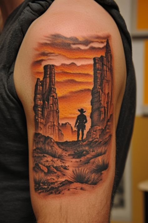 Cowboy silhouette tattooed on an arm against a desert sunset. Western Half Sleeve Tattoo Men, Western Half Sleeve Tattoo, Western Half Sleeve, Wild West Tattoo, Sleeve Tattoo Men, Western Tattoo Ideas, West Tattoo, Cowboy Tattoo, Western Tattoo