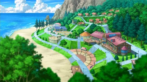 Pokémon Summer Camp - Bulbapedia, the community-driven Pokémon encyclopedia Pokemon Towns, Pokemon Beach, Pokemon Locations, Kalos Region, Pokemon Kalos, Pokemon Costumes, Ancient Chinese Architecture, Anime Places, Pokemon Backgrounds