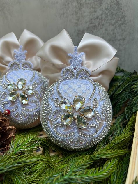 Beige Christmas Ornaments Handmade Christmas Ornaments Silver Rhinestone Ornaments Elegant Christmas Décor Holiday Ornaments. Beige handmade Christmas ornaments with silver rhinestones. Elegant beige holiday décor with rhinestone accents unique handmade Christmas ornaments beige and silver. Luxury beige and silver Christmas tree decorations rhinestone embellished holiday ornaments handmade. IMPORTANT ♥ Every order will ship within 12-24 hours ♥ Each item is individually handcrafted to ensure the Silver Xmas Tree, Satin Ornaments, Silver Christmas Tree Decorations, Beige Christmas, Elegant Holiday Decor, Pearl Ornaments, Rhinestone Ornaments, Victorian Christmas Ornaments, Centerpieces Diy