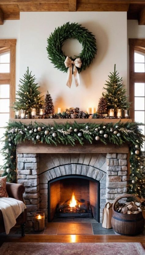 Christmas Decor In Front Of Fireplace, Christmas Aesthetic Fireplace, Tv Christmas Decor, Mantle Christmas Decor Ideas, Christmas Fireplace Decor Ideas, Rustic Fireplace Mantle, Holiday Fireplace Decor, Plant Stand Ideas, Chimney Decor