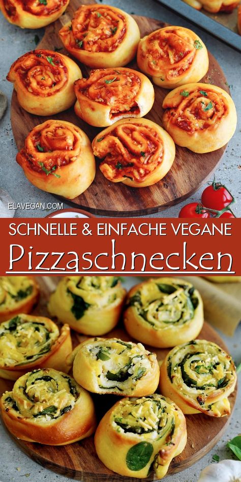 Vegane Pizzaschnecken sind eine einfache und beliebte schnelle Vorspeise, ein Snack und ein Partyessen, für die nur wenige Zutaten benötigt werden! Bei der Herstellung der Pizzabrötchen hast du zudem die Wahl zwischen verschiedenen Toppings wie Tomate oder Spinat! #pizzaschnecken #pizzabrötchen #fingerfood #partyfood #elasrecipes | elavegan.com/de Pizza Snacks For Party, Vegan Snacks For Party, Pizza Swirls, Vegan Pizza Rolls, Kindergarten Snacks, Picknick Snacks, Vegan Party Snacks, Party Fingerfood, Snacks Vegan