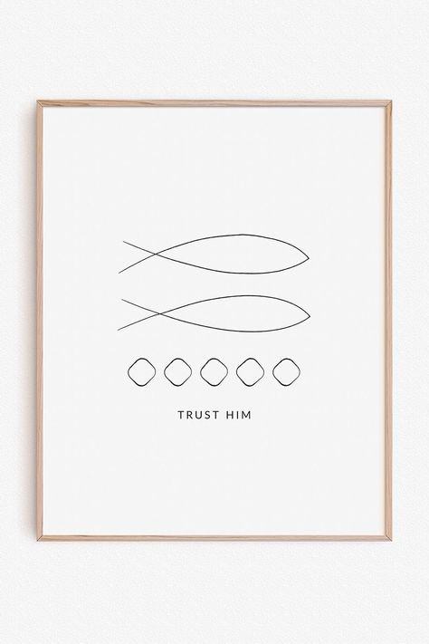 Modern minimal Christian artwork poster for home decor or great encouragement gift! Line art of 5 loaves 2 fish from Jesus feeds the five thousand, Matthew 14:13-21 Loaves And Fish Tattoo, Modern Jesus Art, Bible Line Art, Subtle Christian Art, Christian Minimalism, Simple Christian Art, Line Art Christian, Jesus Line Art, Minimalist Christian Art