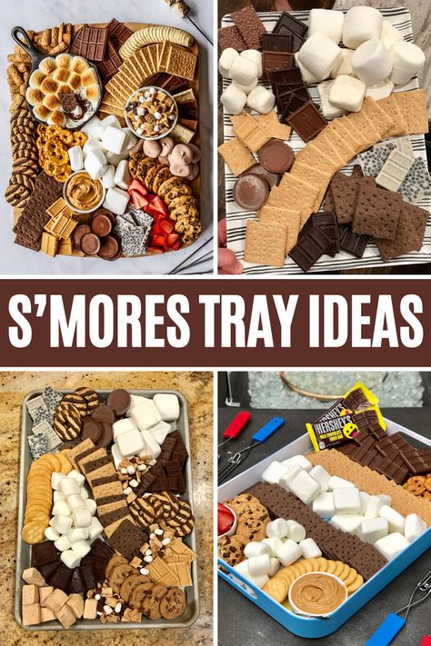 If you love s'mores, these s'mores trays are perfect for summer!  Make s’mores night even s’more fun with a loaded S’mores Tray that let’s each person build their own s’mores creation – the possibilities are endless! #smores #smorestray S’more Dessert Bar, S’more Platter, Smores Over Campfire, Smores Bday Party Ideas, Dessert Charcuterie Board Smores, S’more Packaging, Make Your Own Smores Bar, Smores Bar Birthday Party, Man Snacks Parties