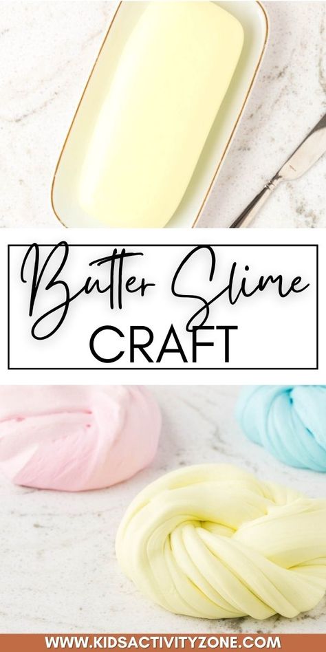 Don't worry this easy DIY Butter Slime is not made with actual butter. It gets its name from the smooth buttery-like texture! Unlike traditional slime it doesn't ooze, instead it bends, molds and is much fun to play with. Easy Butter Slime Recipe, Butter Slime Recipe Without Borax Easy, Slime Recipe No Borax Easy, How To Make Butter Slime Without Clay, How To Make Slimes, Butter Slime Recipe Without Clay, How To Make Butter Slime, Butter Slime Without Clay, Slime Recipe Easy